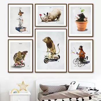 Забавные животные Жираф Слон Тигр Черепаха Абстрактная настенная живопись с принтом на холсте скандинавский постер Декор фотографии для гостиной A4 21X30cm No Framed