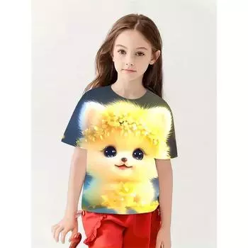 Забавный 3D-принт с изображением животных и кошек для девочек Футболки для вечеринок Модные футболки с короткими рукавами Повседневные футболки Одежда для девочек 100