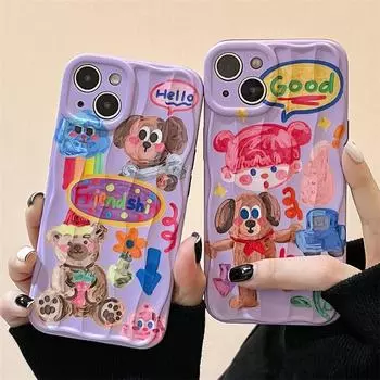 Забавный чехол для девочек с милой собакой, медведем и волнистой линией для Iphone 14 Pro Max 13 11 12 14 Plus, мягкий противоударный чехол для телефона, чехол For iPhone 12 Pro