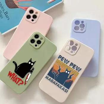 Забавный черный чехол для телефона с изображением кота, собаки и динозавра для iPhone 11, 12, 13, 14, Pro Max, 7, 8 Plus, XR, XS, SE, Straight Edge, жидкий чехол из силикагеля Funda iPhone 14 PM
