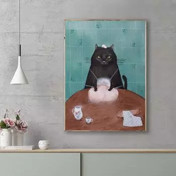 Забавный черный кот, делающий хлеб, современные постеры и принты, холст, картина, пекарь, кот, настенные панно для гостиной, кухни, декор 21x30cm No Framed