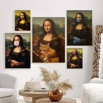 Забавный Дизайн Плаката Знаменитого Искусства, Принты Моны Лизы и Кошки, Картины На Холсте, Винтажная Живопись, Настенное Искусство, Гостиная, Домашний Декор 21x30cm No Framed