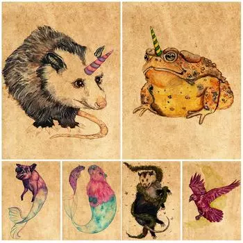 Забавный фэнтезийный художественный плакат с изображением животных, русалка, кабан и единорог, жаба, винтажная абстрактная настенная живопись на холсте, домашний декор (с рамкой) 15*20cm(with frame)