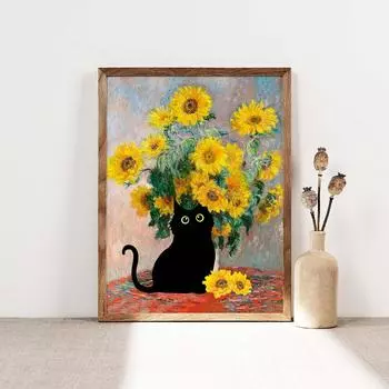 Забавный художественный постер с котом, черный кот, свуп, Ван Гог, принты под подсолнух, холст, картина, Моне, цветок, настенная художественная картина, декор для гостиной 21x30cm No Framed