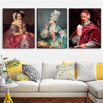 Забавный измененный художественный принт, элегантная леди с розовым мороженым, постер, итальянский рококо, винтажная картина маслом, конфеты, еда, холст, живопись 21cm30cm NoFrame