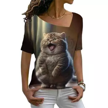 Забавный Kawaii кот для девочек Y2k, модная женская базовая футболка с принтом, элегантная винтажная элегантная повседневная женская футболка с длинным рукавом 5XL