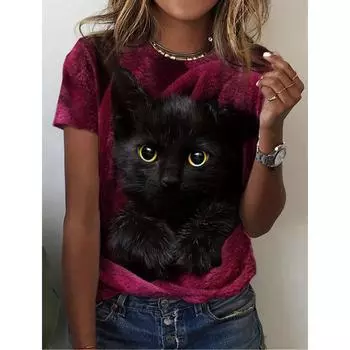 Забавный кошачий принт Женская новая милая животная 3D-печать Модная повседневная одежда с коротким рукавом и круглым вырезом Летняя одежда S