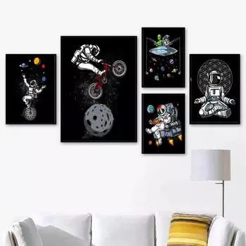 Забавный космический астронавт, планета, настенная живопись на холсте, плакаты на скандинавскую тему и принты, настенные панно для гостиной, декор для детской комнаты 21x30cm No Frame
