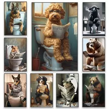 Забавный кот Холст Настенный Арт Плакат Причудливый Кот Сидит На Унитазе Читает Газету Печать Ванной Забавное Животное Картина Холст Искусство 21cm30cm NoFrame