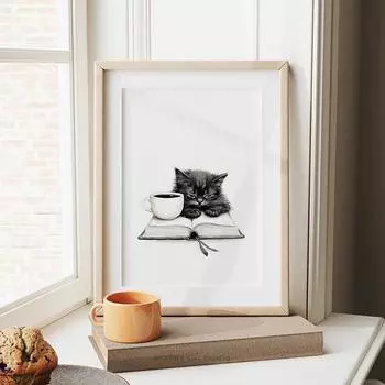 Забавный кот с книгой и кофе, холст, картина, постер, подарок любителю кошек, настенные картины для кухни, украшение для гостиной 21x30cm No Framed белый