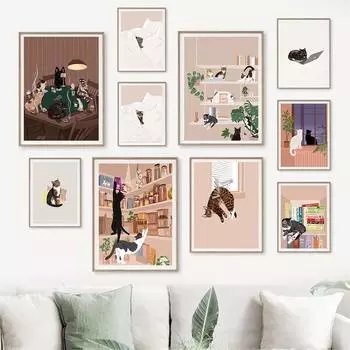 Забавный кот, зеленые растения, бохо, настенная живопись на холсте, плакаты на скандинавскую тему и принты, современные настенные панно для гостиной, домашний декор 21x30cm No Framed синий