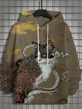 Забавный котенок в японском стиле с принтом в виде котенка на 3D-принте, мужская толстовка с капюшоном, осенняя новая забавная толстовка с капюшоном, мужская толстовка с капюшоном, повседневная модная толстовка с капюшоном S