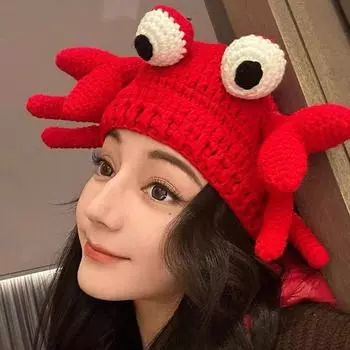 Забавный краб красный вязаная шапка милый мультяшный лик маленькая шапка-пуловер шерстяная шапка прилив M56-58cm красный