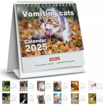 Забавный креативный настольный календарь на тему рвоты кошек на 2025 год для украшения дома с металлическим кольцом для легкого перелистывания One Size