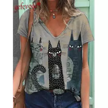 Забавный крой, Повседневная футболка в стиле Харадзюку с принтом кота и v-образным вырезом в стиле Харадзюку, топ размера плюс, Femme, 2021, женская летняя одежда XS красный