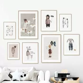 Забавный кролик мышь гусь медведь кошка девочка цветок воздушный шар алфавит ретро принты настенное искусство холст плакат фотографии декор детской комнаты для малышей 21x30cm No Framed
