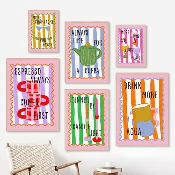 Забавный кухонный принт эспрессо кофе чай чашка свечи шампанское вино постеры настенное искусство холст картина для декора столовой картина 21x30cm No Framed красный