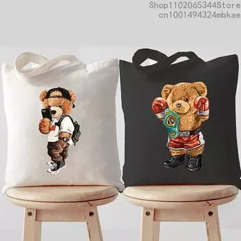 Забавный медведь Harajuku сумка через плечо для женщин Повседневная многоразовая сумка для покупок Сумка-тоут с рисунком плюшевого медведя Уличные сумки синий