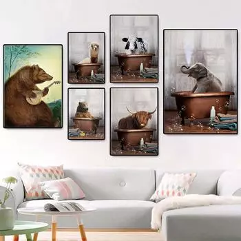 Забавный медведь, корова, слон, душ, ванна, настенная живопись на холсте, плакаты на скандинавскую тему и принты, настенные панно для декора ванной комнаты, без рамки 21*30cm