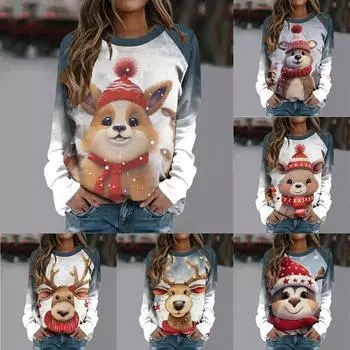 Забавный милый принт лося с длинным рукавом 2023, рождественская женская футболка Harajuku, хлопковые женские футболки, удобная рубашка, женский топ S
