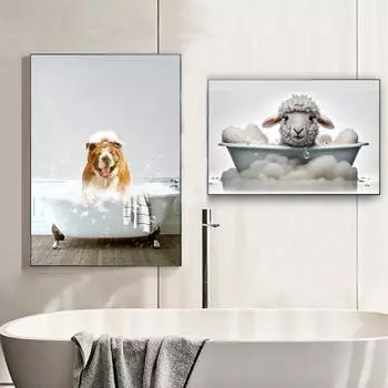 Забавный милый ребенок с животным в ванне AI Картина на холсте с принтом настенный художественный постер причудливая картина для ванной комнаты домашний декор Cuadros 21x30cm No Framed