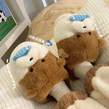 Забавный милый узор медведя домашние тапочки мягкие плюшевые уютные домашние тапочки нескользящие туфли для дома для мужчин зимняя обувь новые 36-37