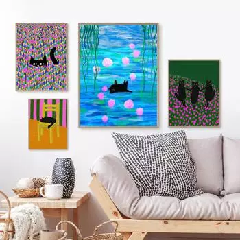 Забавный мультфильм Лавандовое поле Кот Животные Картина на холсте Прячущийся кот Плакаты и принты Абстрактное настенное искусство Картина Детская комната Декор 21x30cm No Framed