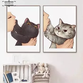 Забавный мультяшный кот, холст, картина «Не целуй меня, отвергнутый милым котом», постер, скандинавские настенные художественные фотографии, Декор для гостиной, зоомагазина 21*30cm