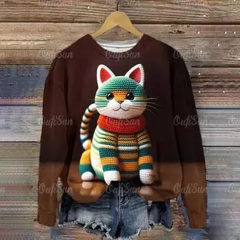 Забавный мультяшный котенок женская толстовка с капюшоном осень новый пуловер с круглым вырезом толстовки для женщин модная повседневная женская свободная хлопковая одежда S