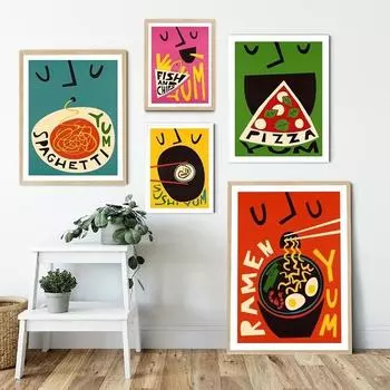 Забавный мультяшный постер с едой, кофе, пиццей, лапшой, суши, гамбургером, печать на холсте, картина для клуба, бара, магазина, кухонная Настенная картина, украшение 21x30cm No Frame