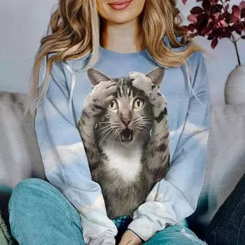Забавный мультяшный принт с кошкой женские толстовки с длинным рукавом блузка с графическим принтом женская одежда свободный топ повседневная рубашка S