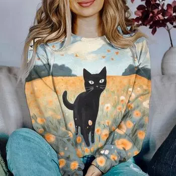 Забавный мультяшный принт с кошкой женские толстовки с длинным рукавом блузка с графическим принтом женская одежда свободный топ повседневная рубашка S