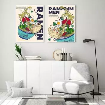 Забавный мультяшный японский пищевой настенный художественный принт, постер с лапшой рамэн, кухонный художественный холст, картины для гостиной, домашний декор 21x30cm No Framed