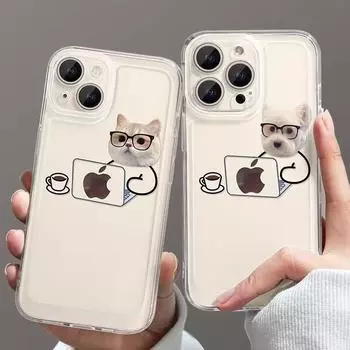 Забавный мультяшный рабочий кот и собака прозрачный чехол для телефона iPhone16 15 14 13 12 11 Pro Max Mini XR XS X 14Plus тонкий мягкий силиконовый чехол For iphone 16