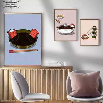 Забавный мультяшный суши-плакат с принтом японской еды, суши на велосипеде, холст, живопись, кухня, ресторан, настенные художественные фотографии, домашний декор 21*30cm