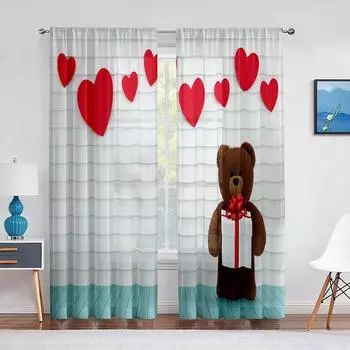 Забавный плюшевый мишка с подарочной коробкой, прозрачные шторы с сердечками для гостиной, спальни, кухни, декор, оконная вуаль, тюлевая занавеска 1 PCS W100XH250cm&Rod Pocket