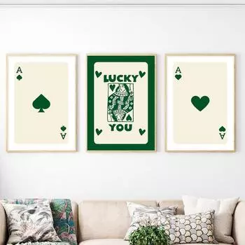 Забавный постер на холсте Lucky You, модный ретро-зеленый постер с тузом, настенное искусство, скандинавский покер, картина для спальни, гостиной, домашний декор 21 X 30cm No Frame