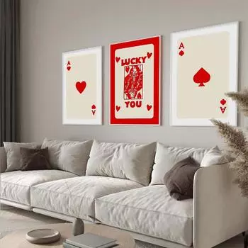 Забавный постер на холсте Lucky You, модный ретро-плакат с изображением карты красного туза, настенное искусство, скандинавская покерная живопись для гостиной, спальни, домашний декор 21 X 30cm No Frame