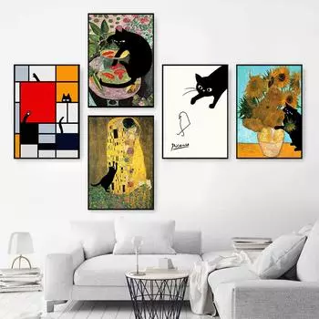 Забавный постер с черным котом, известные картины, настенная живопись, золотая рыбка Матисса, холст, картина для гостиной, туалета, украшения дома, без рамки 21*30cm No Frame
