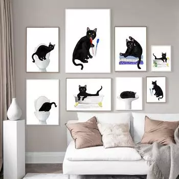 Забавный постер с котом, милый черный кот в ванне, художественная картина на холсте, подарки для любителей кошек, настенная художественная картина для ванной, украшение для дома 21x30cm No Framed