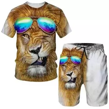 Забавный принт льва мужские шорты комплект мода свободный комплект футболки уличный спорт шорты с коротким рукавом 2 шт топы мужская летняя одежда S