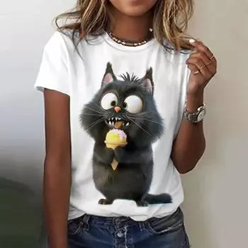 Забавный принт с котом женские футболки топ пуловер свободная футболка с короткими рукавами уличная О-образная горловина полиэстер женская повседневная одежда лето M