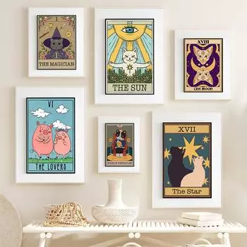 Забавный принт «Влюбленные Таро Свинья», настенный художественный декор, Kawaii, офисная комната, холст, картина, ретро, абстрактная карта Таро, домашний декор, постер 21x30cm No Framed