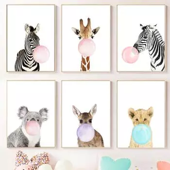 Забавный пузырь, жевательная резинка, Зебра, Жираф, постер с животными, скандинавские декоративные картины, холст, настенные художественные фотографии, Детская комната, декор для детской комнаты 21x30cm No Framed