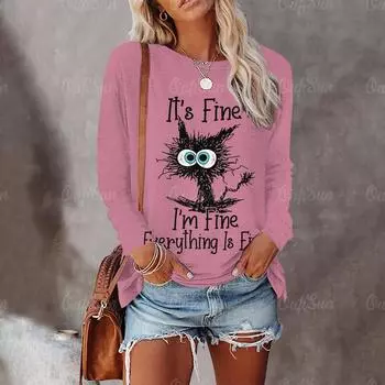 Забавный рисунок кошки женские футболки с длинными рукавами модные уличные трендовые пуловеры повседневная свободная женская одежда топы S