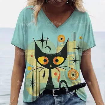 Забавный рисунок мультяшного кота мужские футболки 3D принтованные футболки модные V-образный вырез свободные короткие рукава летние повседневные женские топы 2024 S