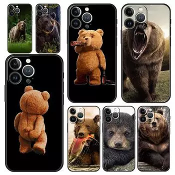 Забавный роскошный чехол для телефона с бурым медведем для iPhone 13 15 14 12 11 Pro MAX XR X SE XS 7 8 Plus, мягкий силиконовый черный чехол iPhone 12