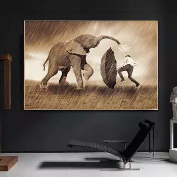 Забавный слон, играющий в дождь, зонтик с принтом на холсте Gentilalman и постером, настенное искусство для декора гостиной без рамки 21*30cm