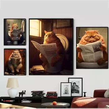 Забавный Толстый Кот Туалет Плакат Винтажный Плакат Настенная Живопись Исследование Эстетическое Искусство Большие Наклейки На Стены 21*30cm No Frame