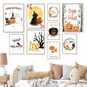 Забавный тыквенный кот, призрак ведьмы, счастливый венок на Хэллоуин, настенная живопись на холсте, постеры и принты, настенные панно, декор для детской комнаты 21x30cm No Frame